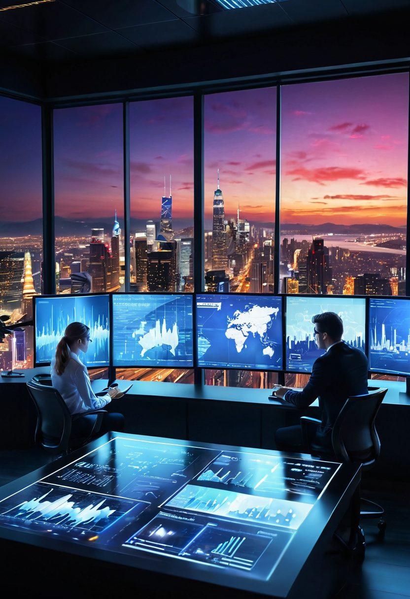 A futuristic office setting with a confident business team brainstorming over digital screens displaying graphs and strategic plans. The backdrop features a large window showing a bustling city skyline, symbolizing opportunities. Elements of innovation like holograms and data analytics are subtly integrated into the scene. The atmosphere exudes energy and collaboration. super-realistic. vibrant colors. 3D.
