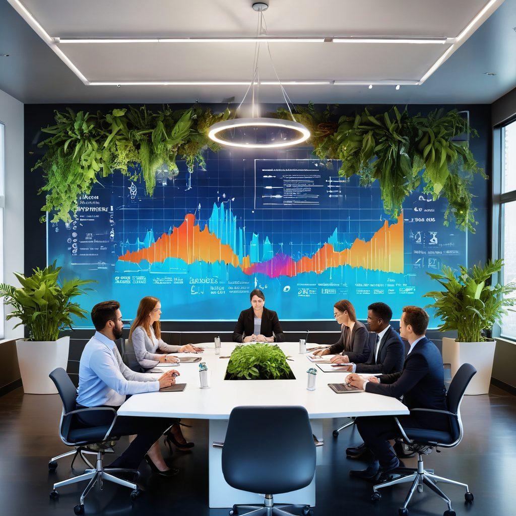 A dynamic scene depicting a diverse team of professionals collaborating around a modern conference table, visualizing growth with upward arrows and graphs. There are digital elements like holograms showcasing data analysis, intertwined with plants symbolizing organic growth. The environment is bright and inspiring with motivational quotes on the walls. super-realistic. vibrant colors. modern style.